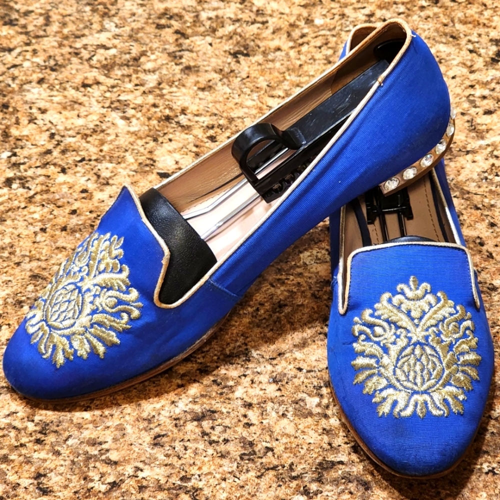 MIU MIU Smoking Slippers - Royal Blue/Gold Embroidery - Size 40/9.5